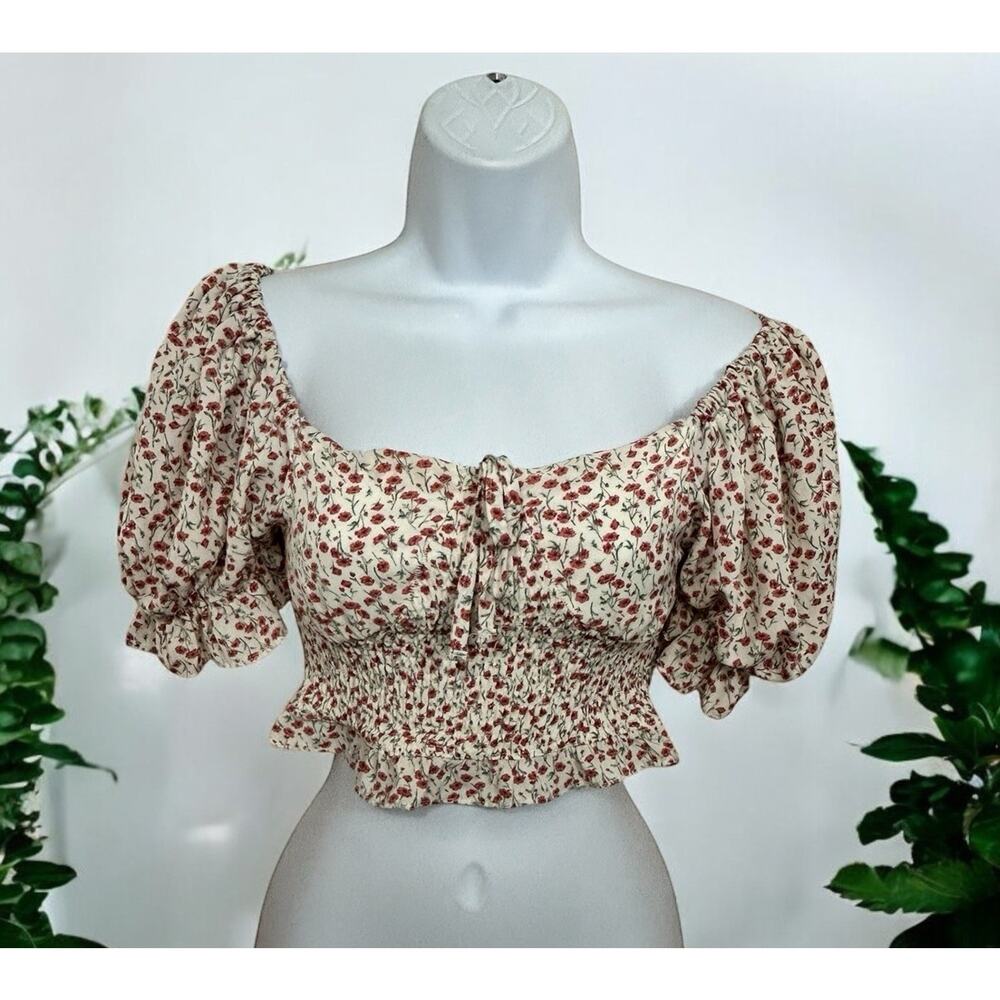 Papaya Floral Crop Top Sz Small Smocked Flower Cottage Core Blouse Coquette